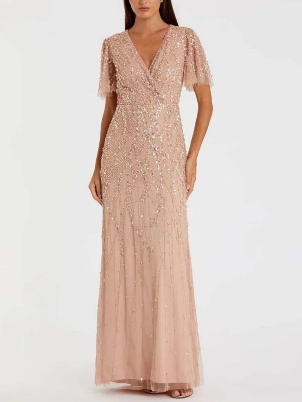 Mac Duggal Flutter Sleeve Maxi Dress Gown Pink Nude Sequin V-Neck 35109 Size 4